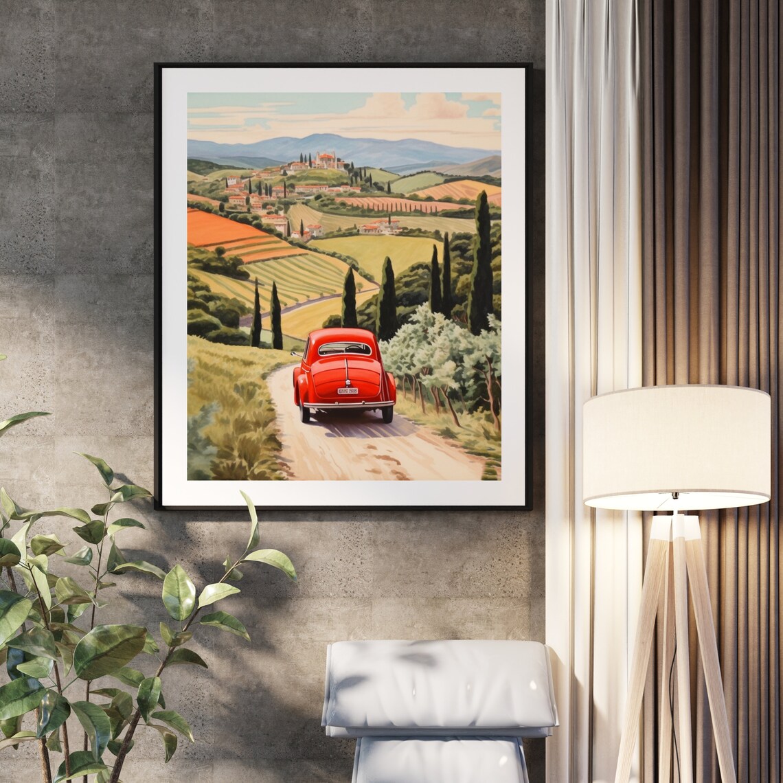 Red Vintage Car Tuscany Countryside Road Retro Travel Art Poster - Image 2
