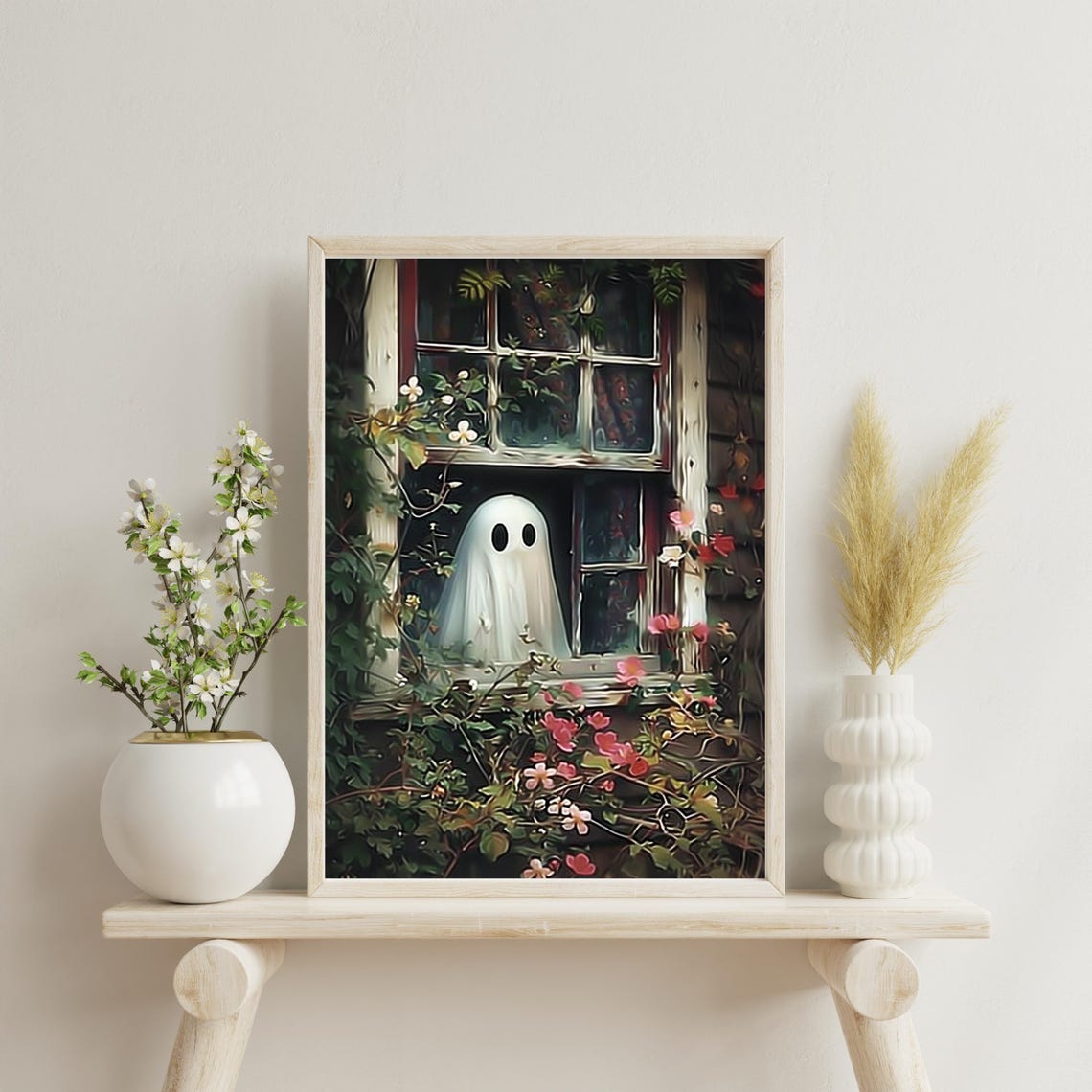 Cute Ghost Peeking Vintage Window Flower Garden Halloween Poster - Image 3