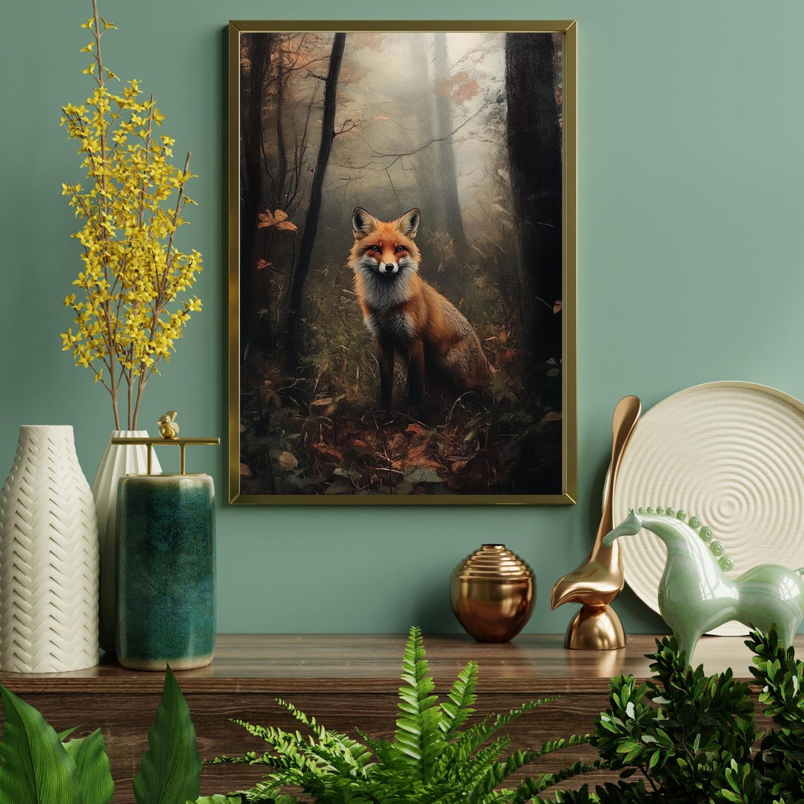 Red Fox Standing in a Misty Autumn Forest Wildlife Portrait Wall Art - Image 5