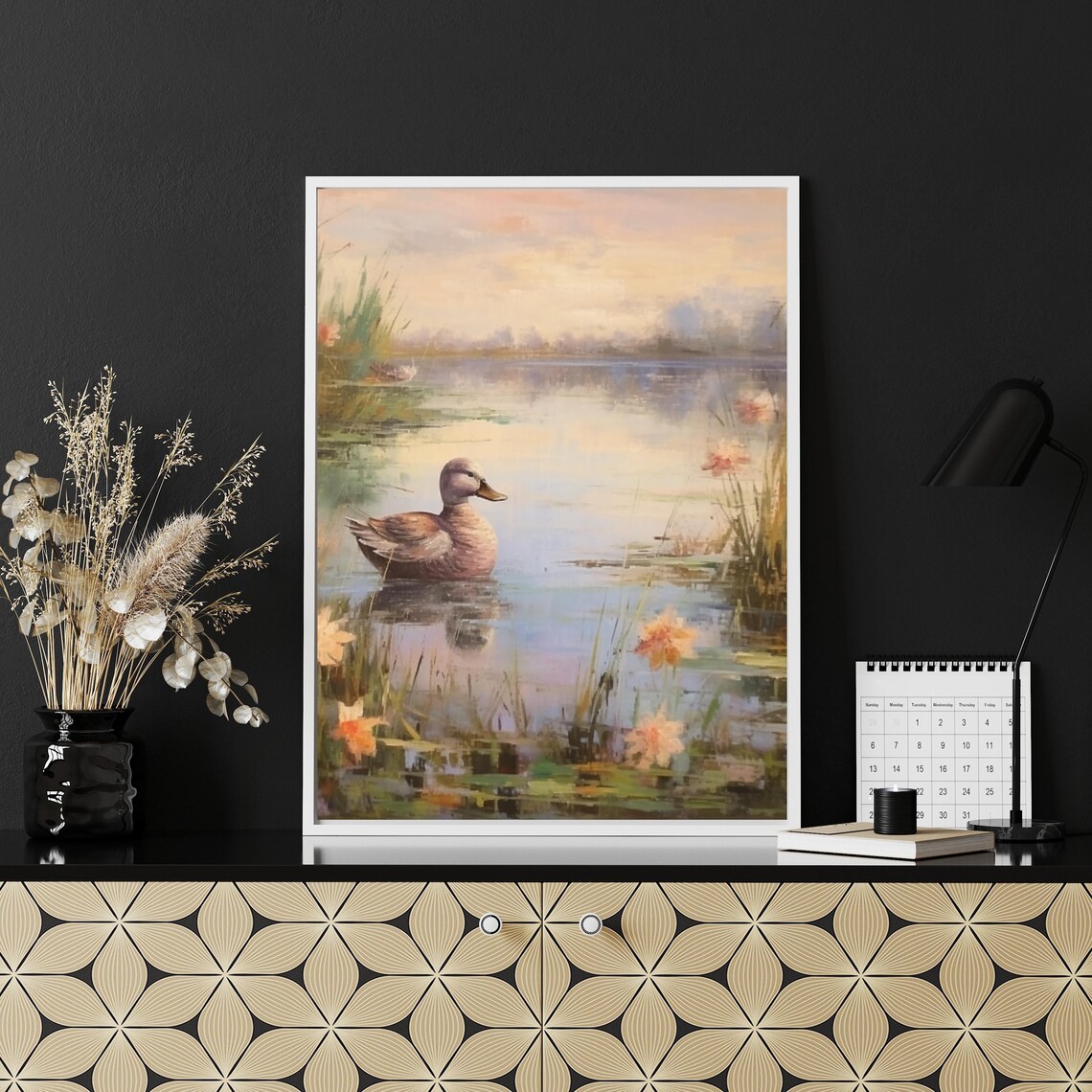 Duck Swimming Calm Lake Lily Pads Dawn Rustic Bird Art Poster - Image 3