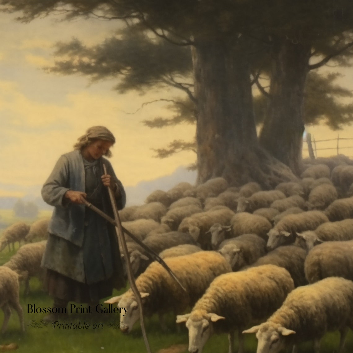 Shepherd With Sheep Flock Golden Sunset Pastoral Painting Poster - Image 3