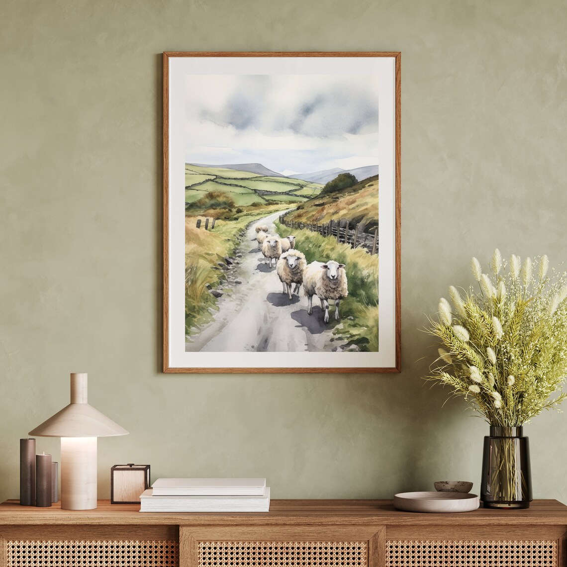 Flock of Sheep on Country Lane Green Hills Watercolor Painting Poster - Image 3