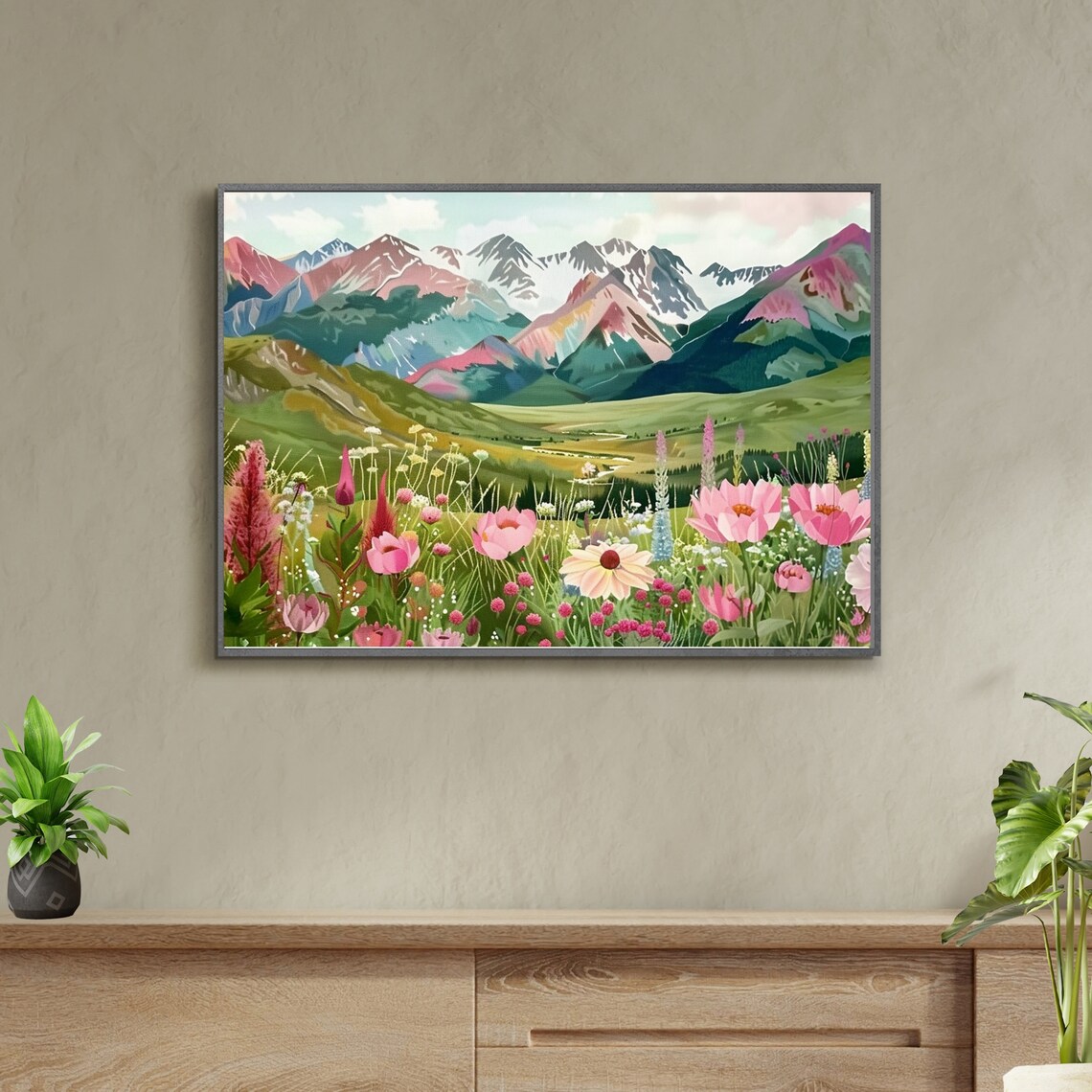 Pink Wildflower Meadow with Colorful Mountain Peaks Art Poster - Image 5