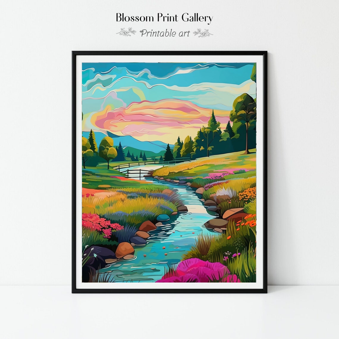 Colorful Sunset Stream Whimsical Forest River Landscape Poster