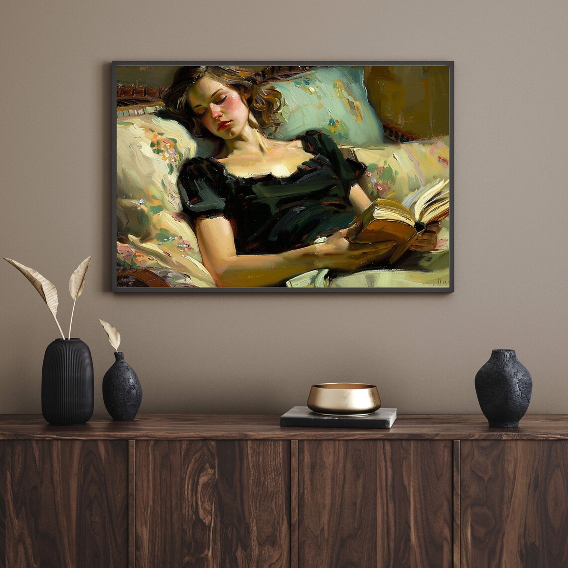 Young Woman Reading Book On Floral Chaise Vintage Oil Poster - Image 5