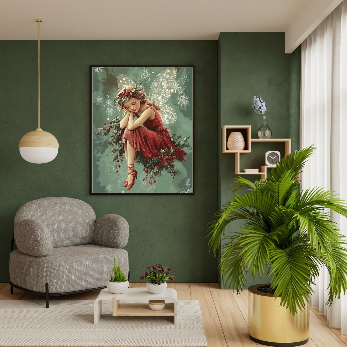Christmas Holly Fairy With Snowflakes Vintage Winter Painting Poster - Image 2