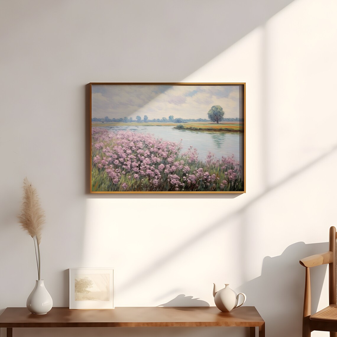 Purple Lavender Wildflowers By River Blue Sky Summer Meadow Oil Painting Poster - Image 2