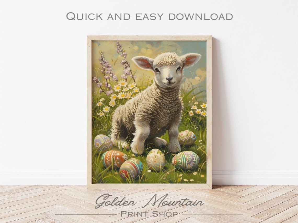 Cute Lamb Easter Painting Spring Daisies Farmhouse Decor Wall Art - Image 2