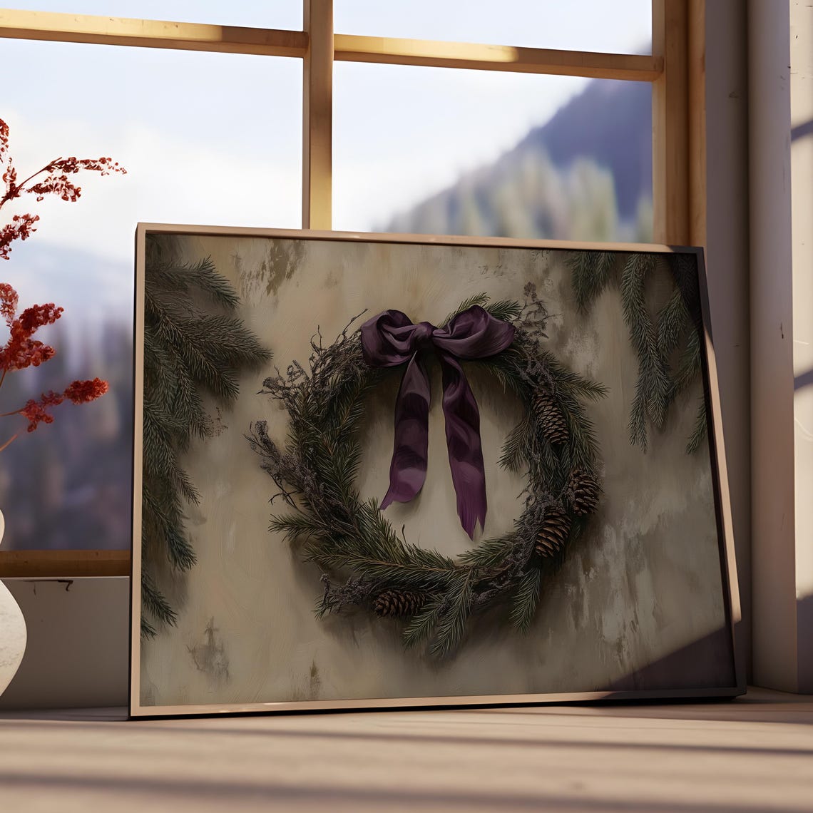 Rustic Christmas Wreath Purple Bow Pinecones Festive Holiday Poster - Image 2