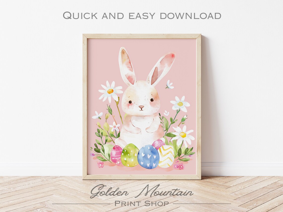 Adorable White Bunny with Colorful Easter Eggs on Pink Nursery Art Poster - Image 3