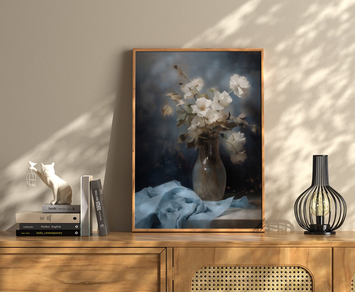 White Wildflowers in Glass Vase with Blue Cloth Dark Moody Art Poster - Image 3
