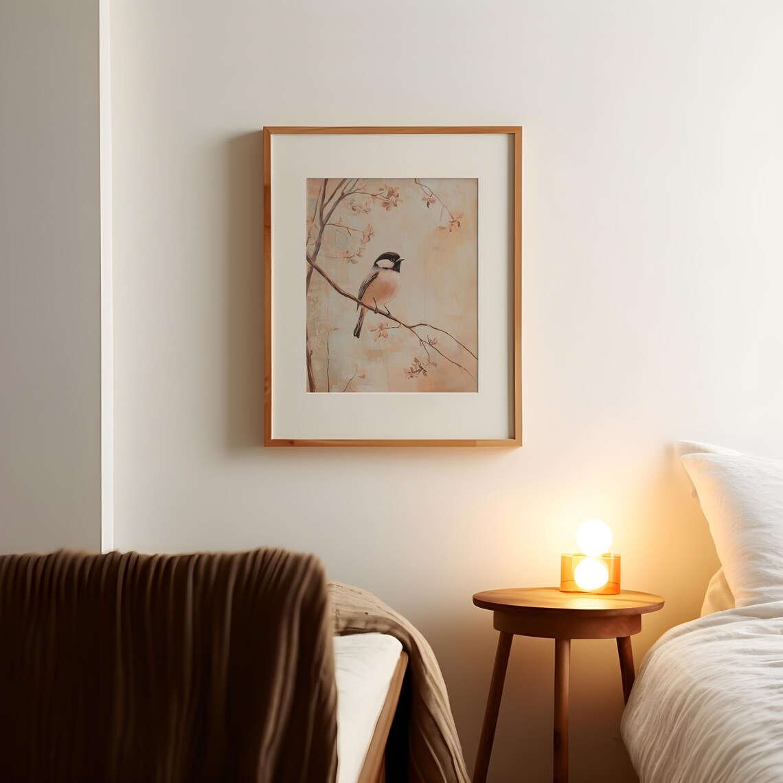 Chickadee Bird on Blossom Branch Peachy Floral Vintage Nature Art Poster - Image 2
