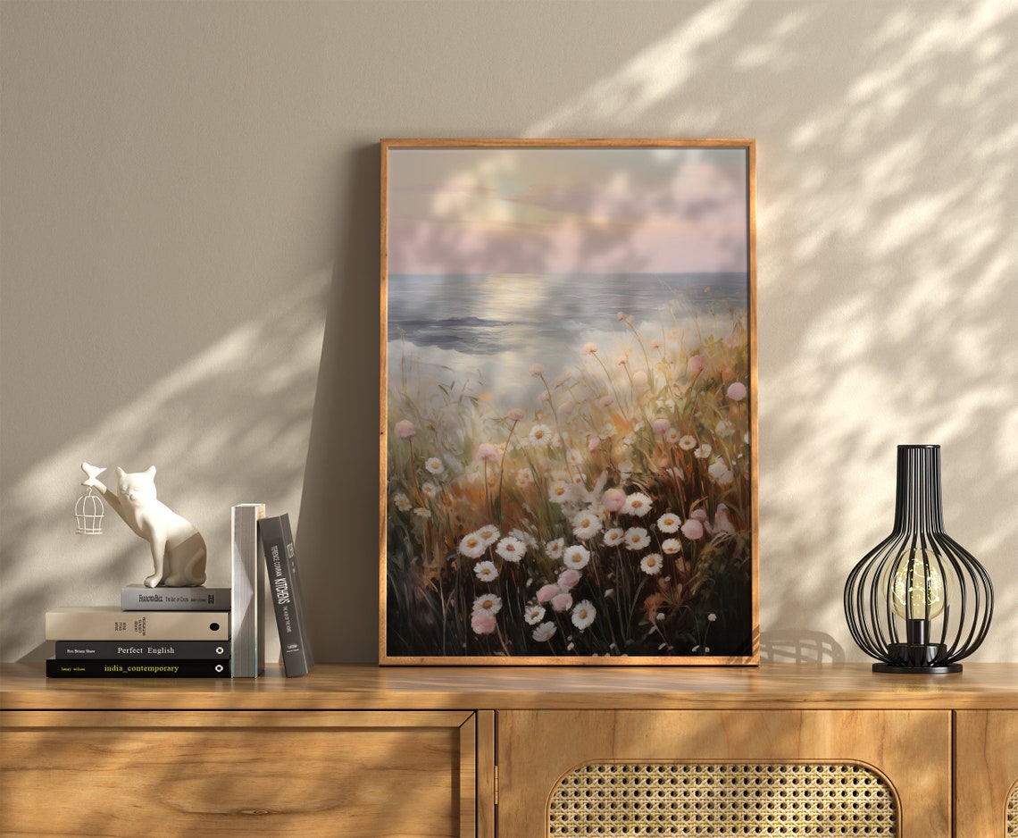 Pink Ocean Sunset With Daisy Wildflower Meadow In Foreground Poster - Image 3