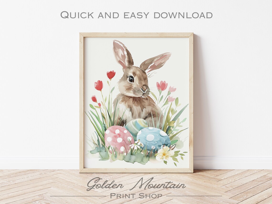 Cute Watercolor Bunny with Easter Eggs and Spring Tulips Nursery Poster - Image 3
