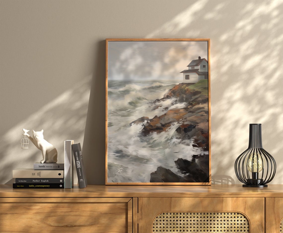Vintage Moody Coastal Print Ocean Wall Art Beach Print Dark Summer Print Oil Painting Vintage Art Coastal Landscape Painting - Image 3