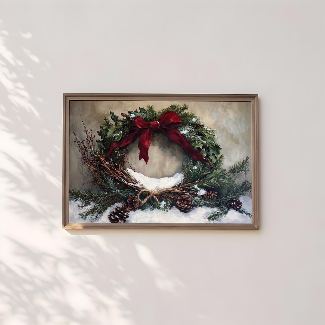 Rustic Twig Wreath Red Ribbon Snowy Pine Vintage Christmas Poster - Image 2
