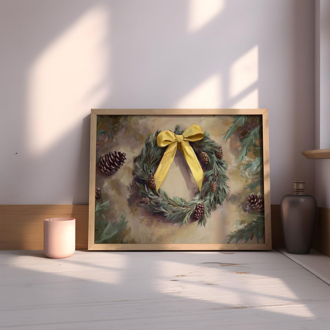 Evergreen Wreath Yellow Bow Pinecones Rustic Christmas Wall Art - Image 2