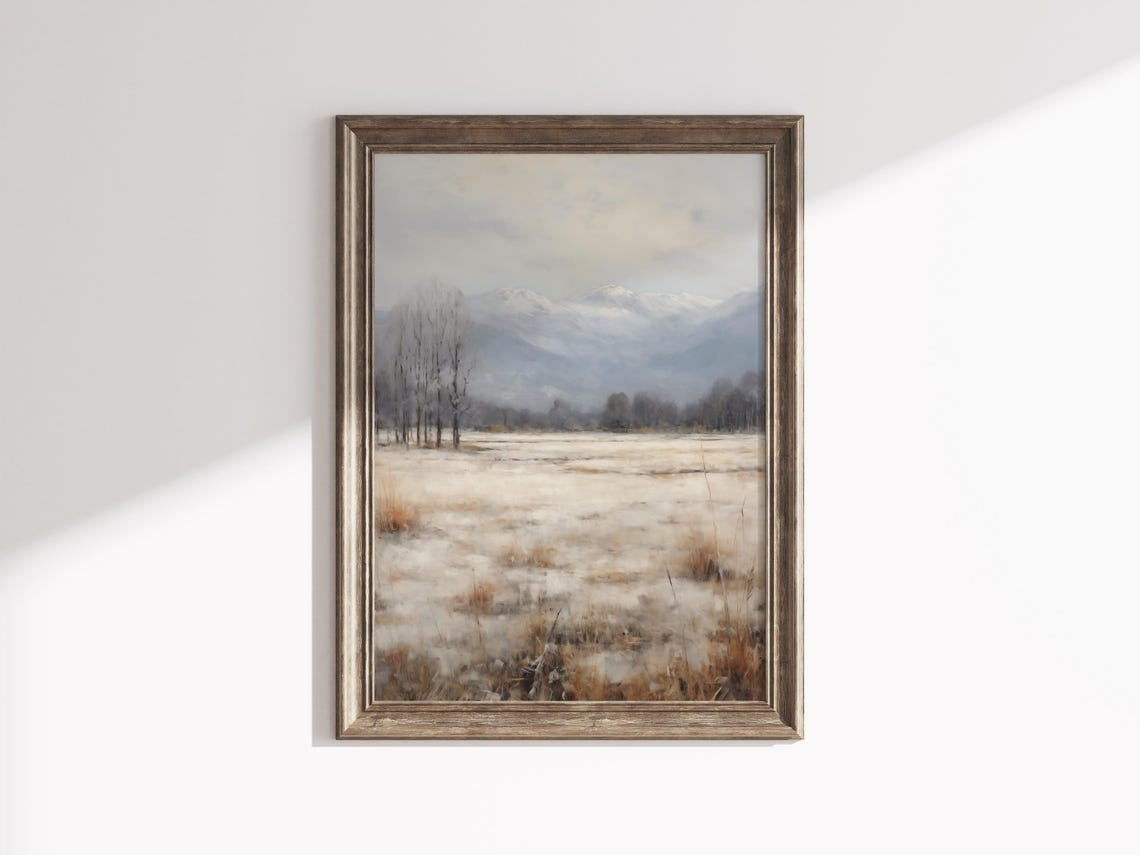 Snowy Winter Meadow Mountain Landscape Soft Neutral Wall Art - Image 2