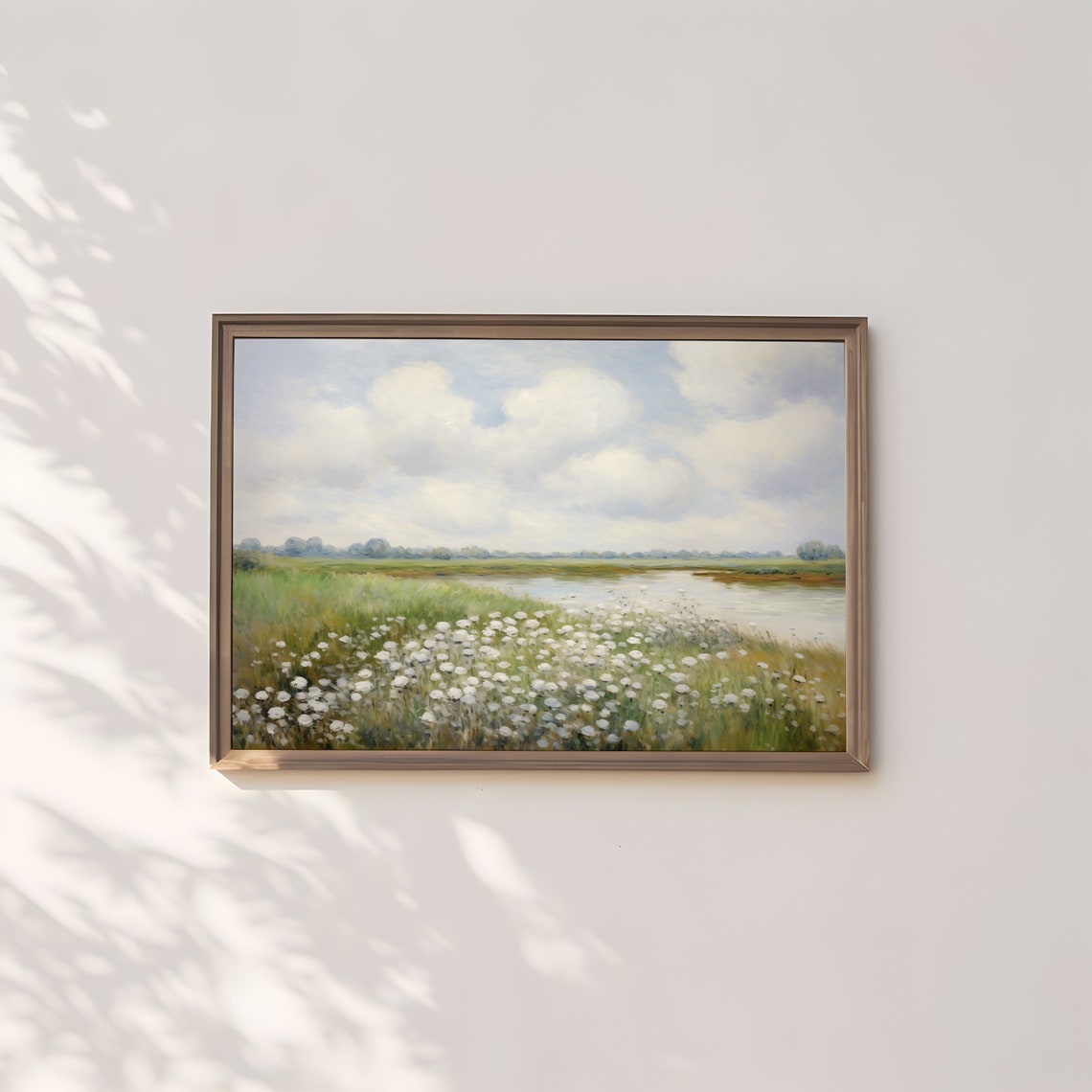 White Wildflowers Along Calm River Under Wide Cloudy Sky Poster - Image 2