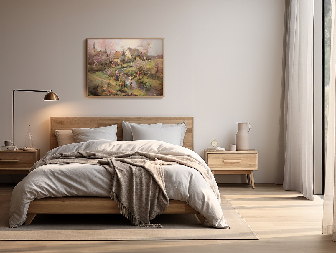 Old Village by the Stream in Soft Spring Blossom Scenic Poster - Image 2