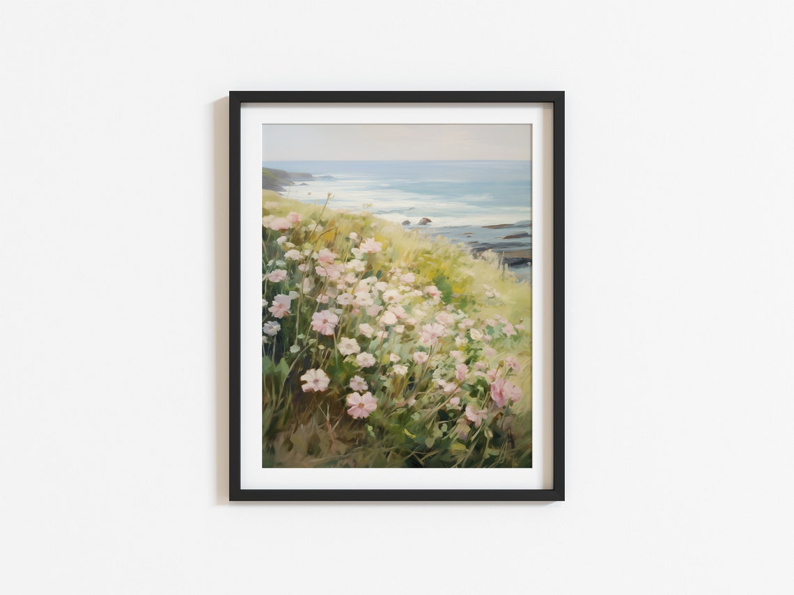 Summer Wildflower Meadow Sloping Down To Blue Ocean Coast Poster - Image 2