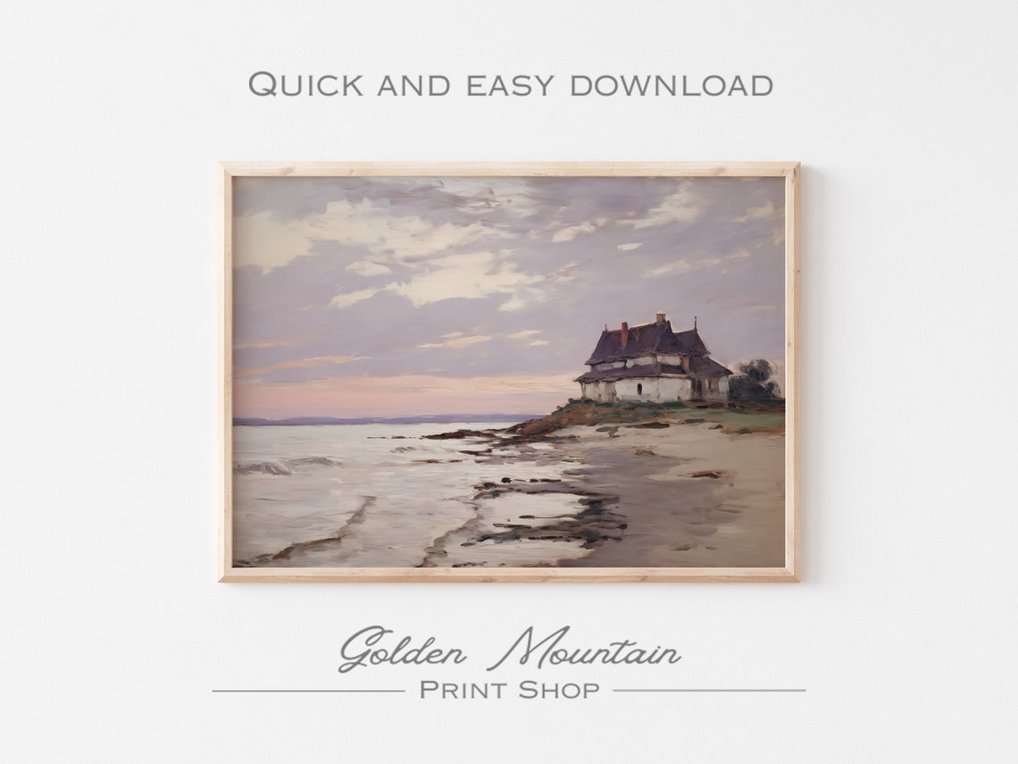 Seaside Cottage On Rocky Shore At Pink Dusk Sky Seascape Poster - Image 2