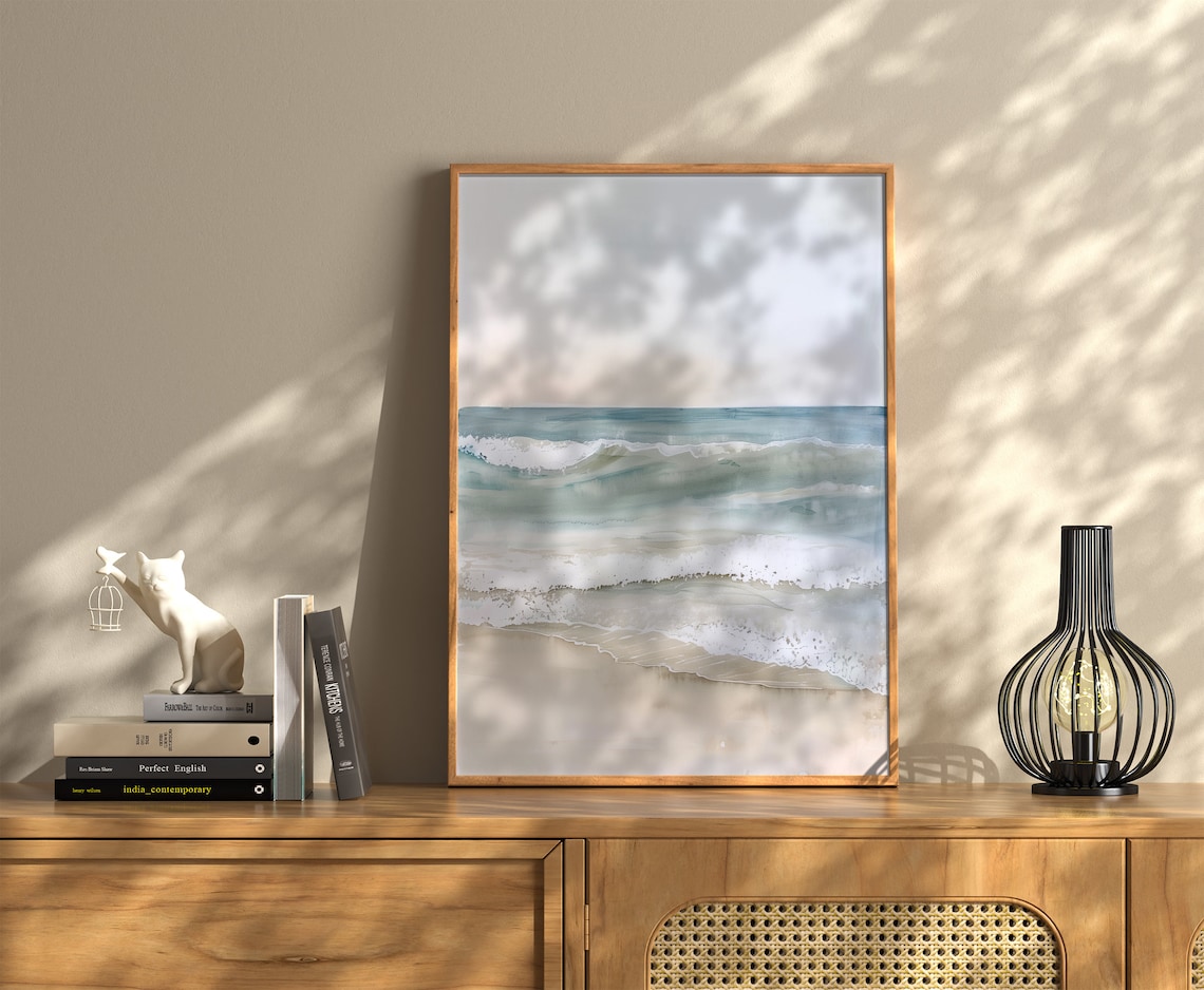 Vintage Neutral Beach Painting, Rustic Coastal Landscape - Image 3