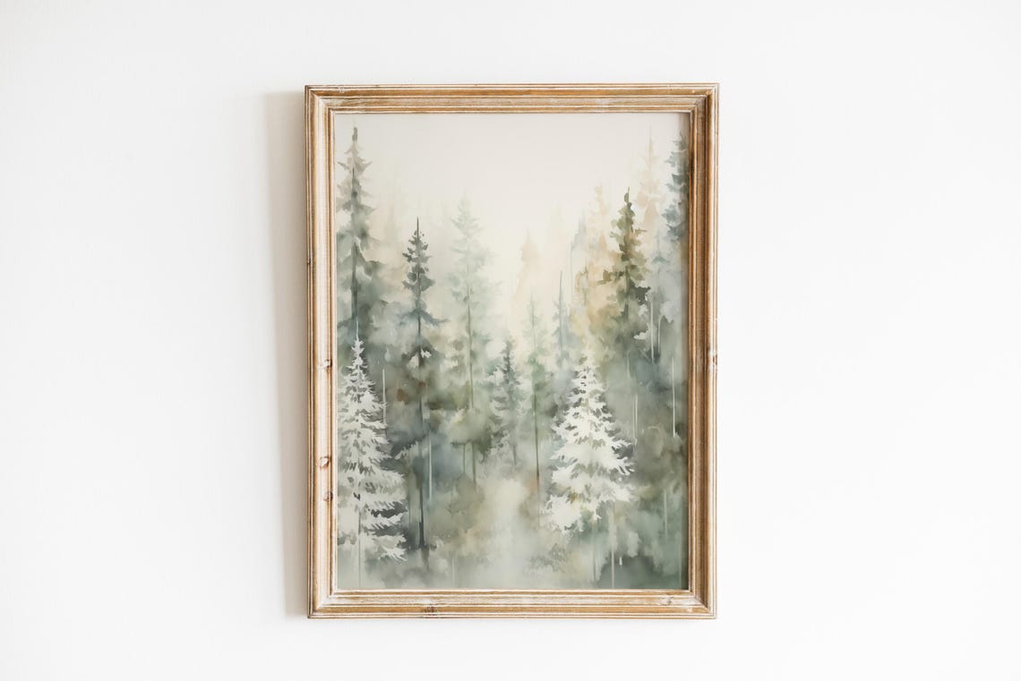 Misty Pine Forest Watercolor Tall Snowy Pines Winter Wall Art - Image 2