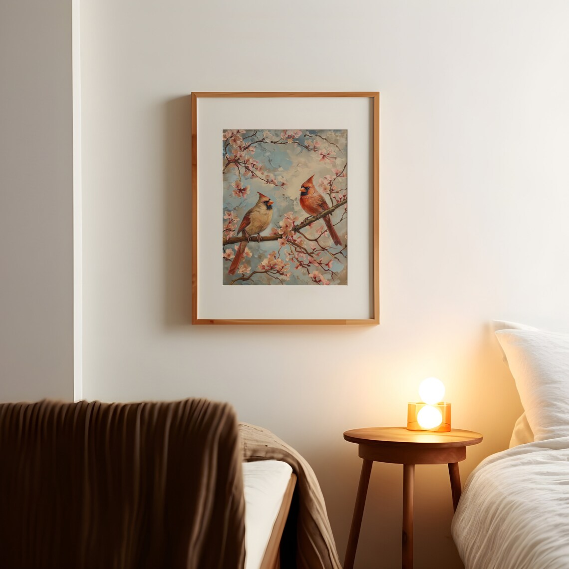 Northern Cardinal Pair on Cherry Blossom Branch Spring Bird Painting Poster - Image 3