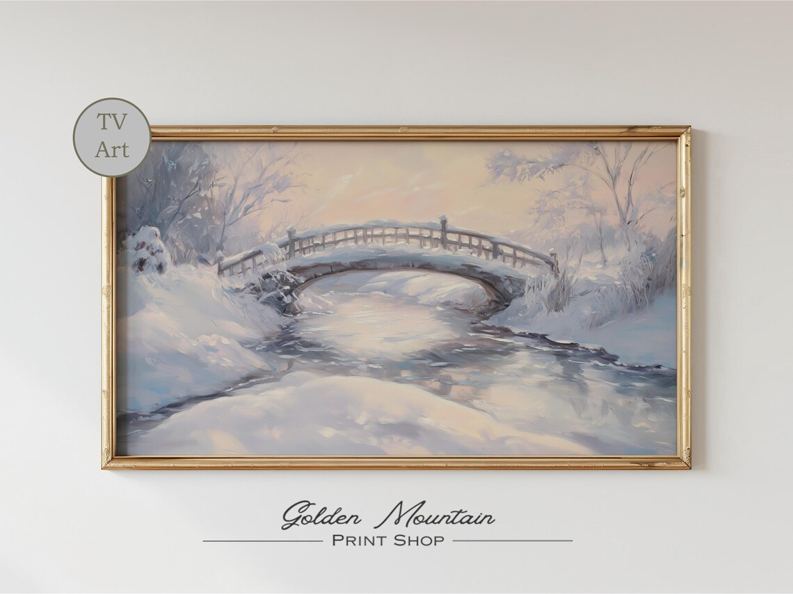 Snowy Wooden Footbridge Winter Stream Pastel Landscape TV Wall Art - Image 2