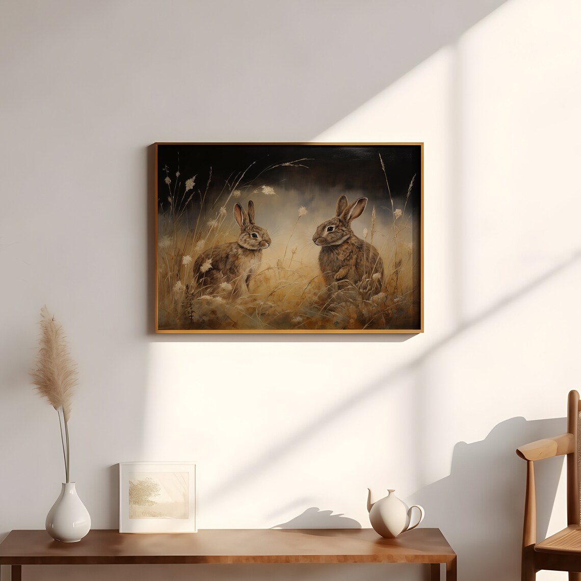 Two Hares at Dusk in Moody Meadow Wildlife Oil Painting Poster - Image 2