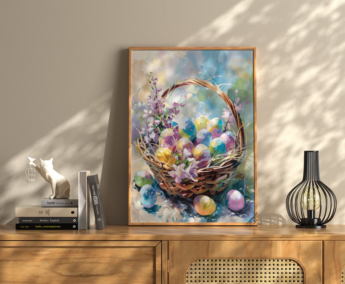 Pastel Easter Egg Basket with Spring Blossoms Colorful Oil Print - Image 3