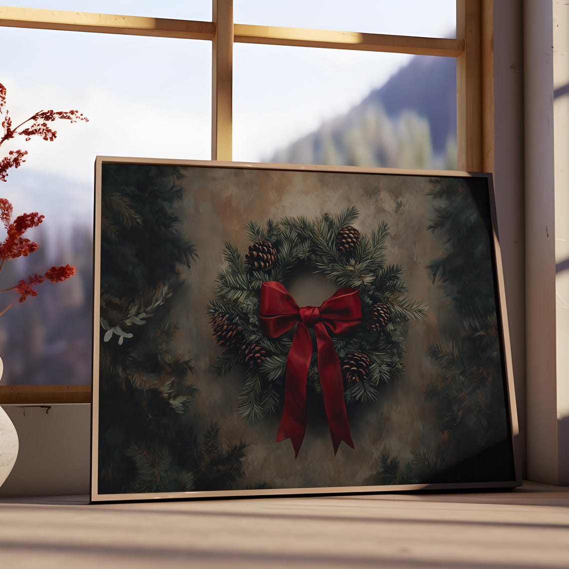 Moody Christmas Wreath Pinecones Red Bow Dark Holiday Poster - Image 2