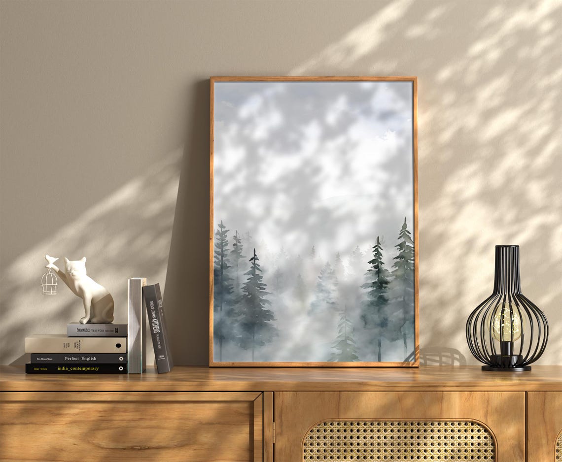 Misty Pine Forest Minimalist Watercolor Winter Landscape Poster - Image 2