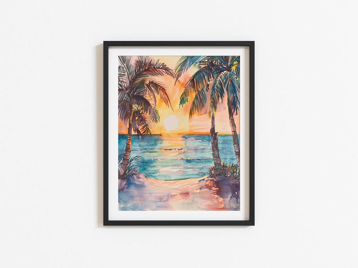 Tropical Beach Sunset Palm Trees Watercolor Ocean View Wall Art - Image 3