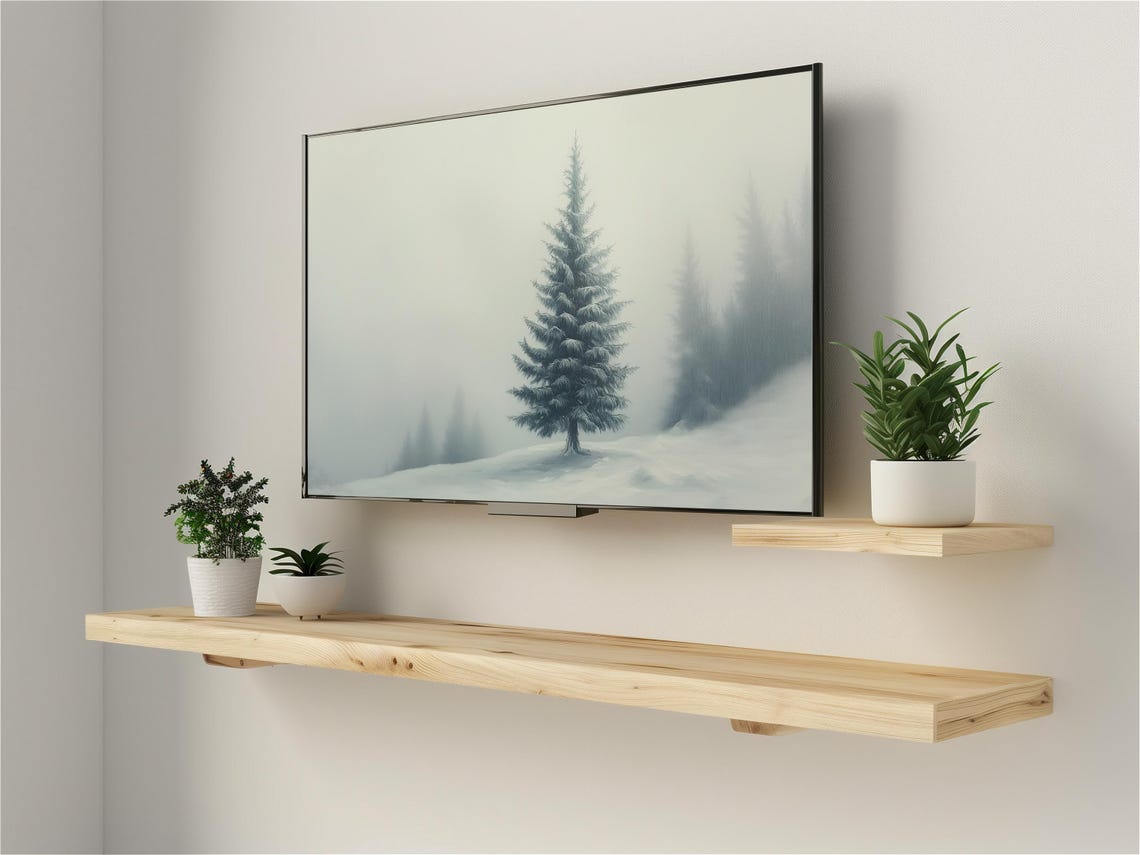 Lone Snowy Pine Tree Foggy Winter Minimalist Landscape TV Wall Art - Image 3