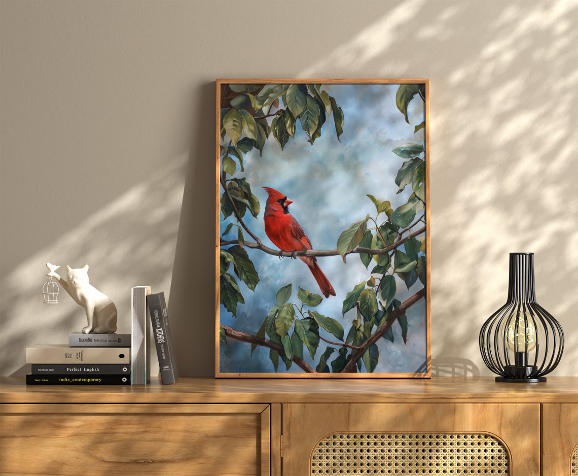 Red Northern Cardinal Perched Branch Green Leaves Bird Art Poster - Image 3