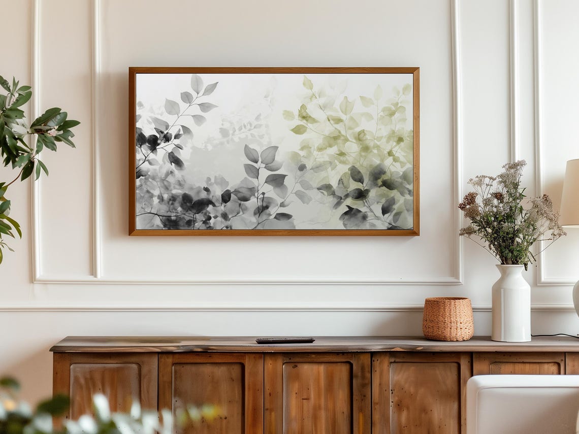 Sage Green Leaf Branch Watercolor Minimalist Frame TV Art Print - Image 3