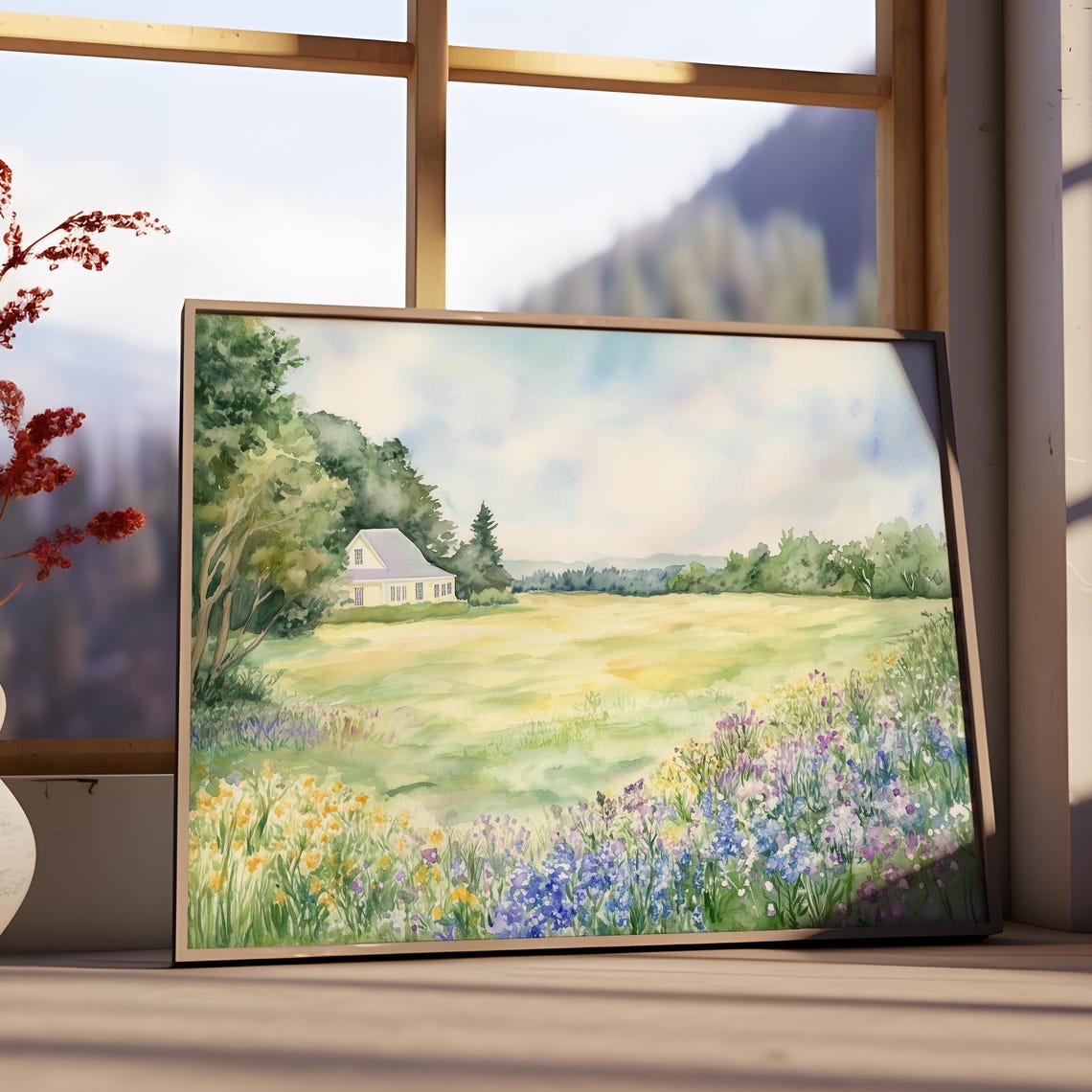Watercolor Farmhouse Green Meadow Wildflowers Spring Art Poster - Image 3