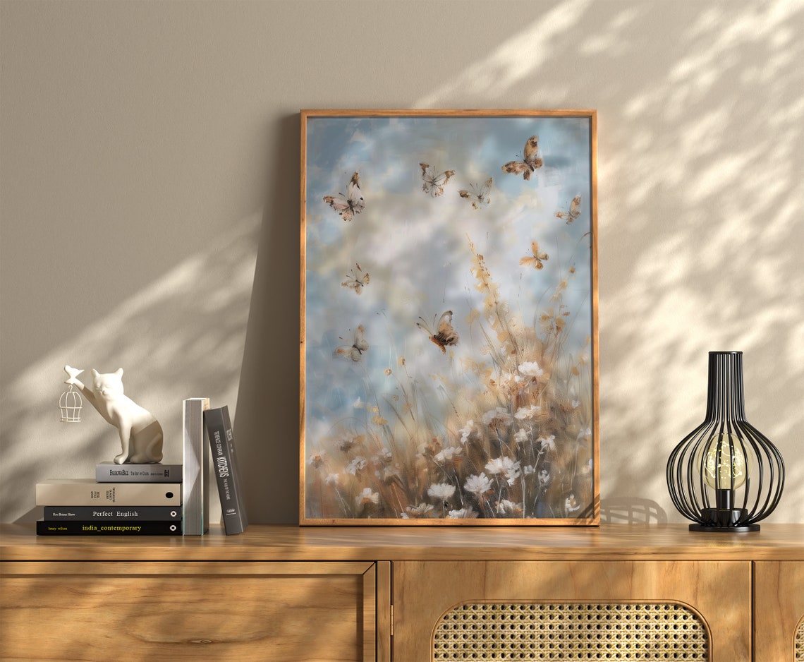 Butterflies Wildflower Meadow Warm Spring Pastel Decor Wall Art - Image 3