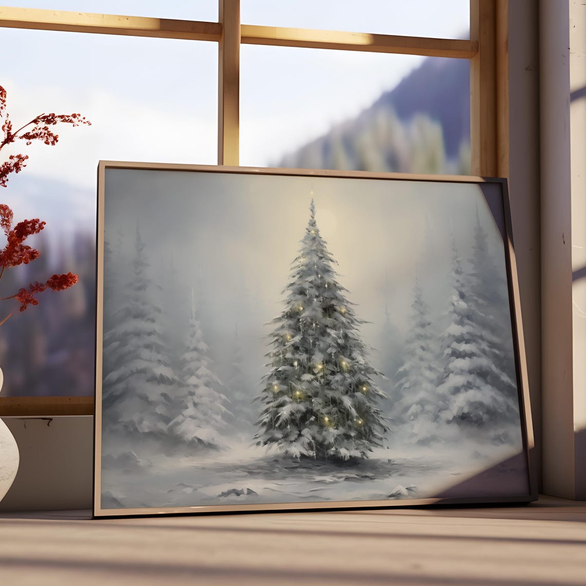 Snow Covered Christmas Tree Twinkling Lights Foggy Snowy Wall Art - Image 3
