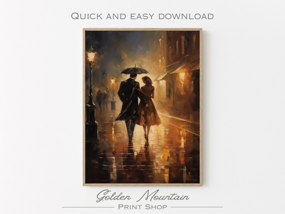 Romantic Couple Under Umbrella Rainy Night Street City Love Art Poster - Image 3