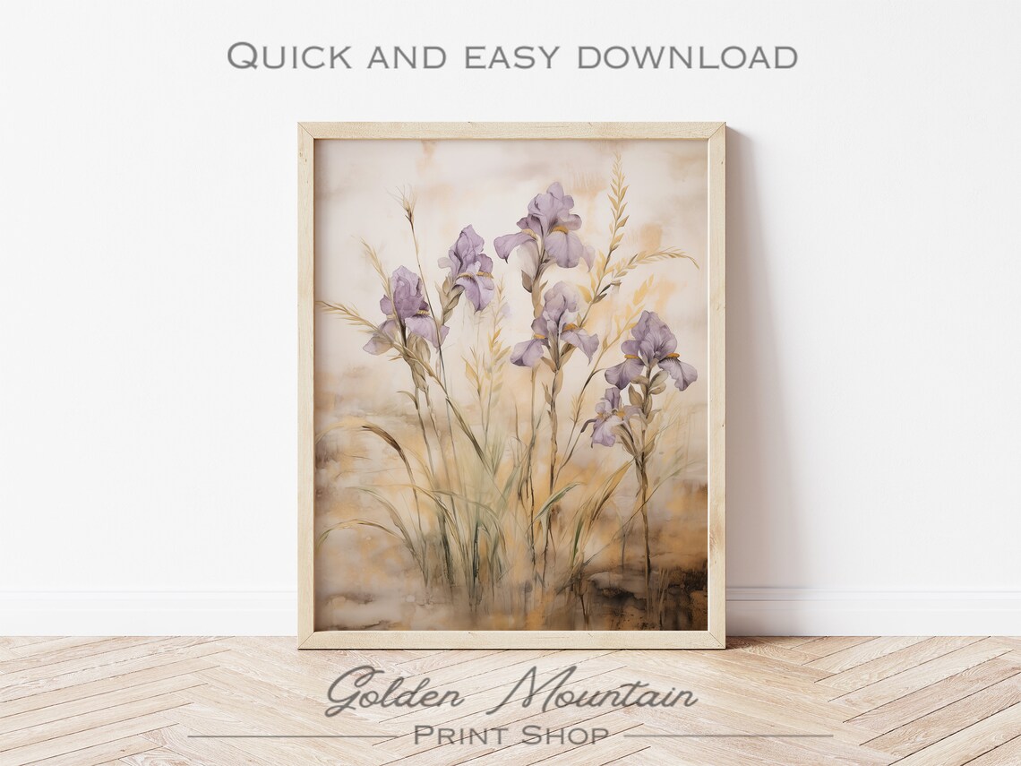 Purple Iris Wildflowers Golden Grass Boho Watercolor Floral Poster - Image 3