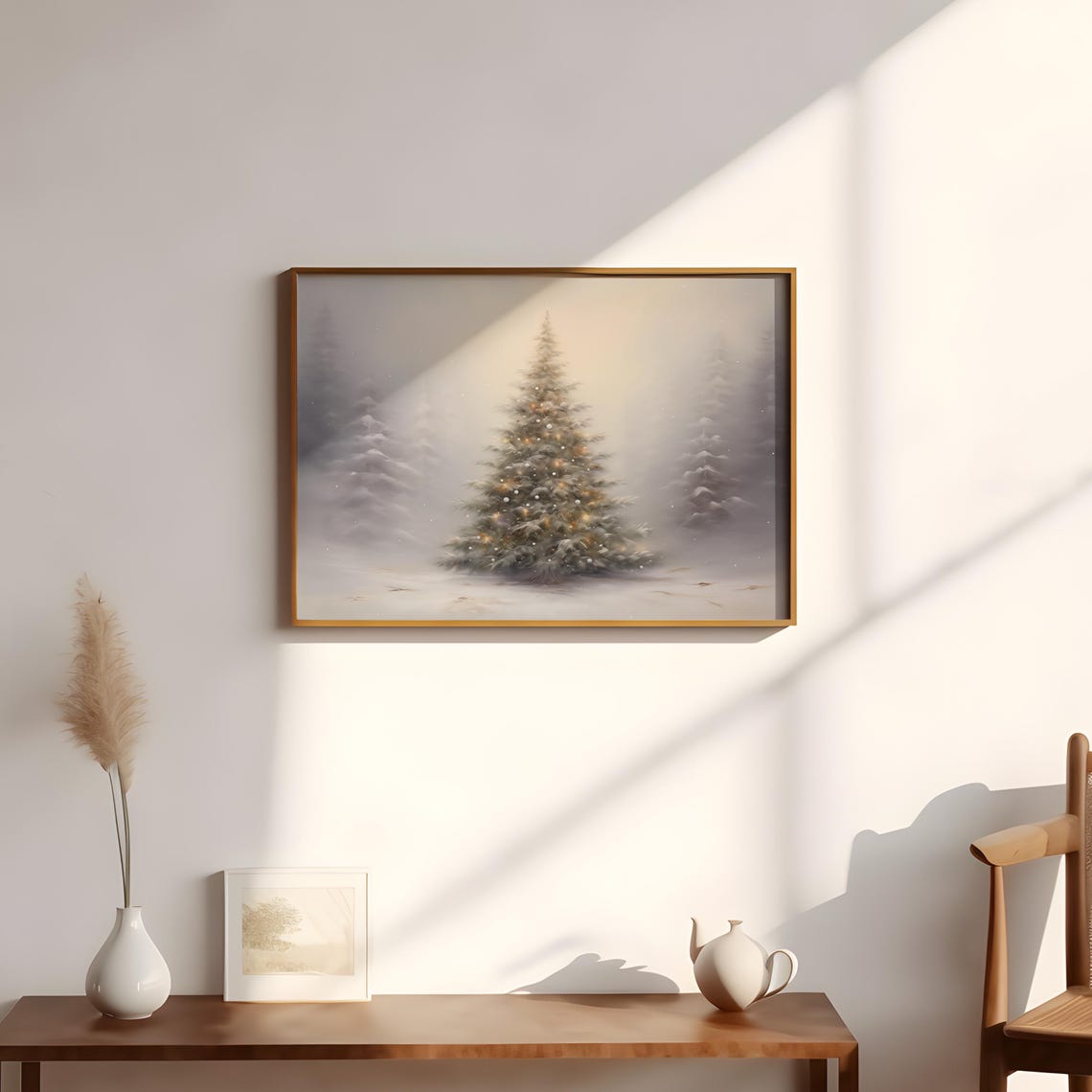 Snowy Moody Christmas Tree Warm Lights Winter Forest Scene Poster - Image 3