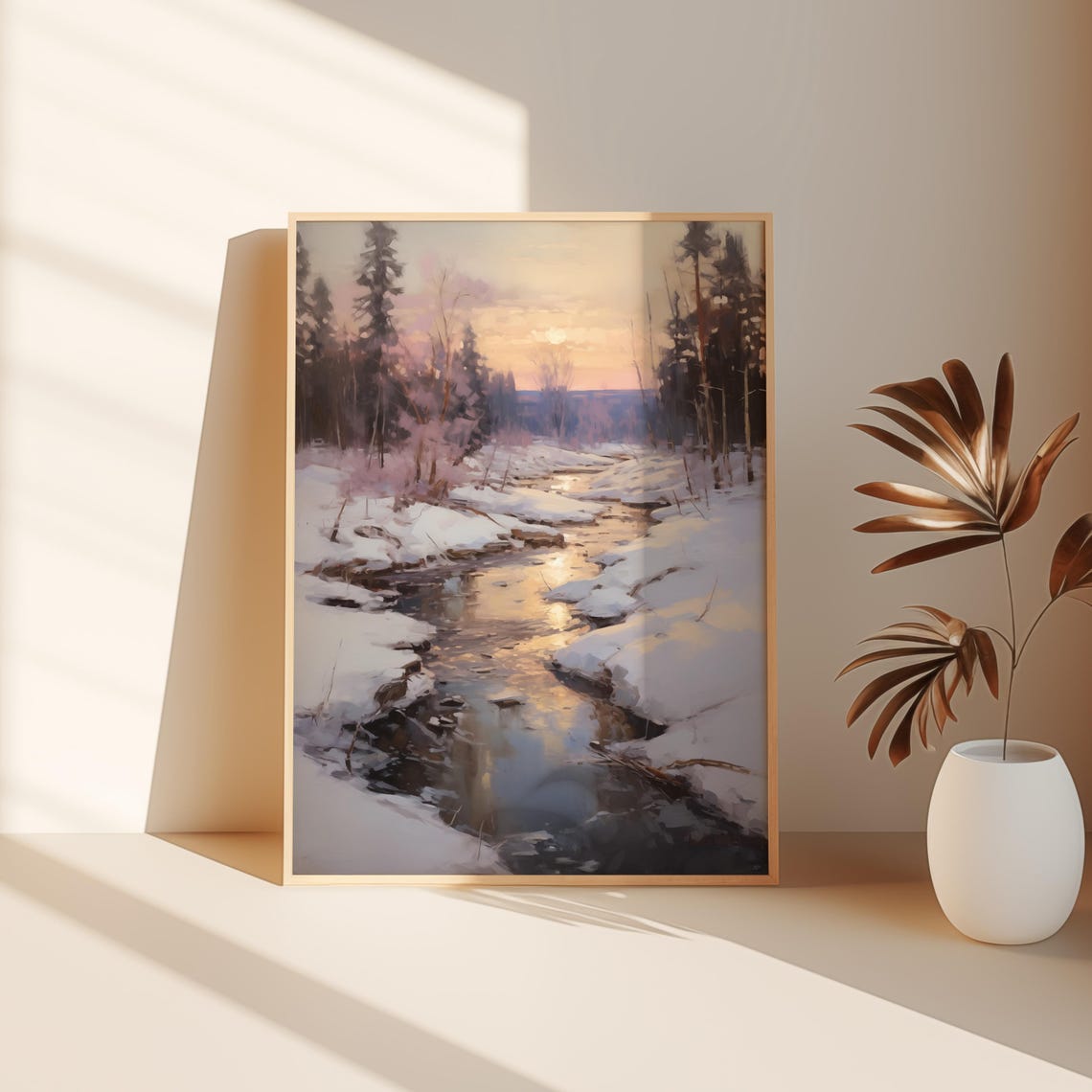 Snowy Forest Stream At Sunset Winter Twilight Water Reflection Poster - Image 3