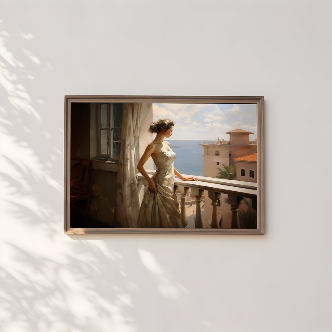Elegant Woman in White Gown on Mediterranean Balcony Sea View Print - Image 3