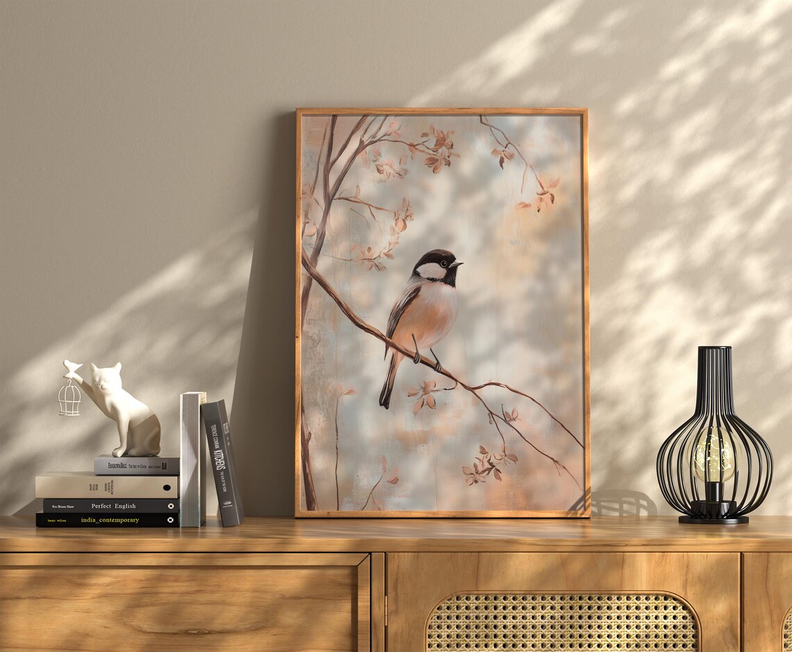 Chickadee Bird on Blossom Branch Peachy Floral Vintage Nature Art Poster - Image 3