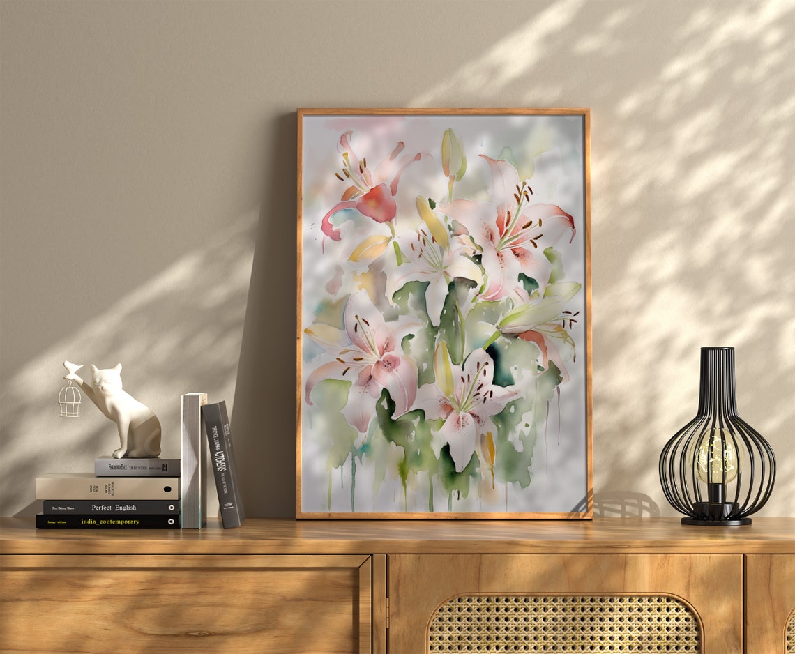 Pink Lily Blossoms Watercolor Graceful Elegant Flower Art Poster - Image 2