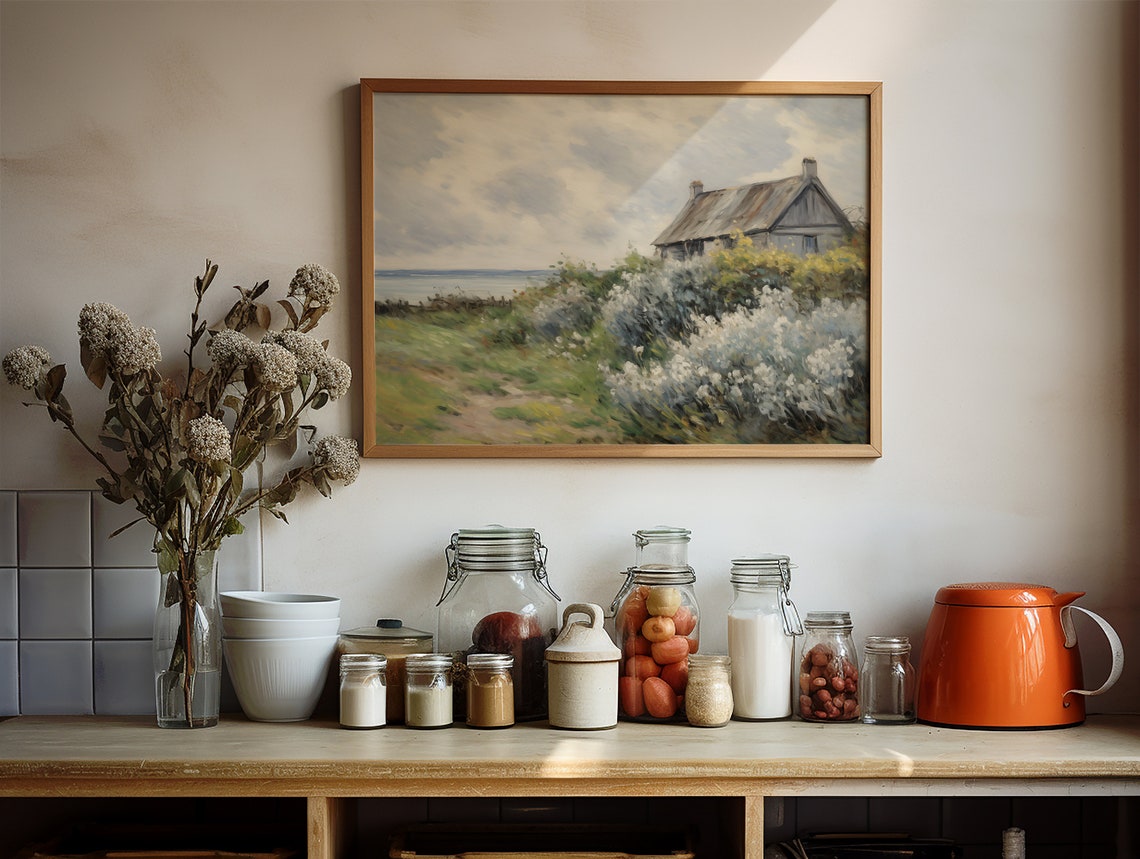 Rustic Seaside Cottage Wildflower Meadow Coastal Landscape Poster - Image 2