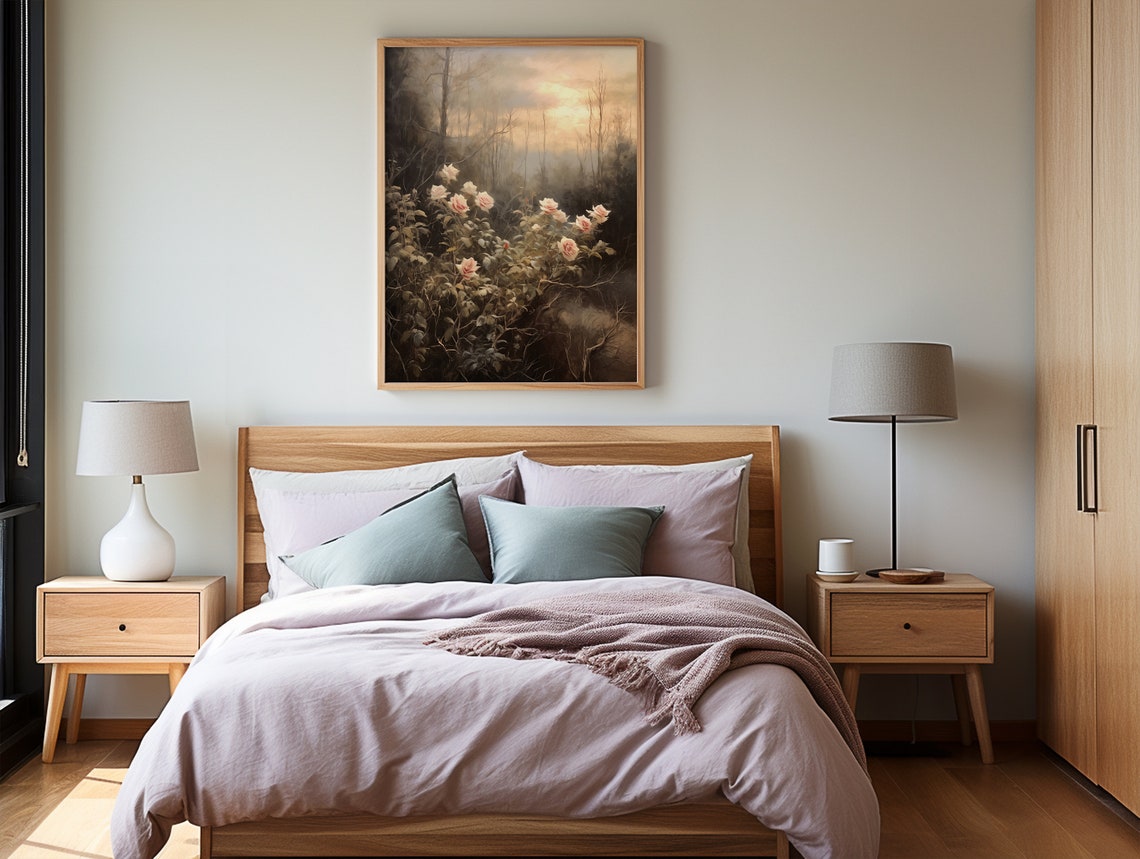 Pale Pink Roses Dark Forest Dusk Moody Antique Decor Wall Art - Image 2